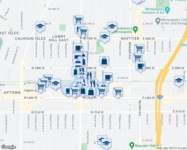 map of restaurants, bars, coffee shops, grocery stores, and more near 2833 Garfield Avenue in Minneapolis