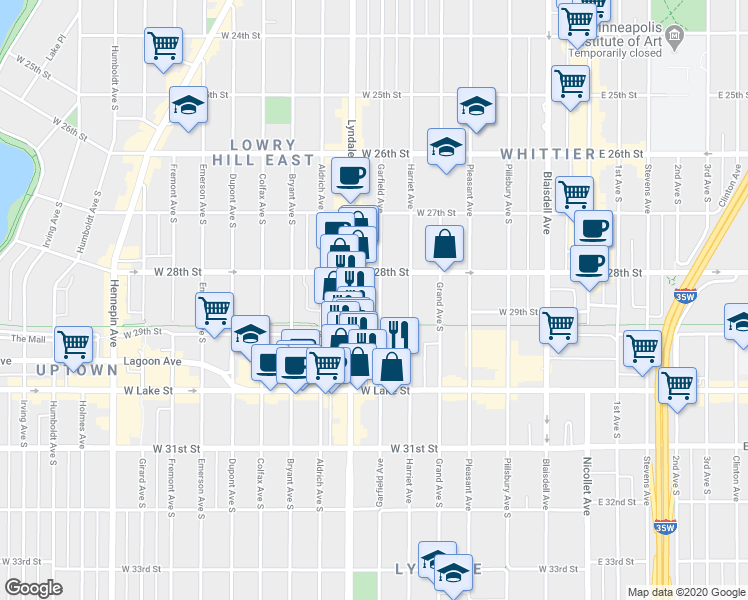map of restaurants, bars, coffee shops, grocery stores, and more near 2833 Garfield Avenue in Minneapolis