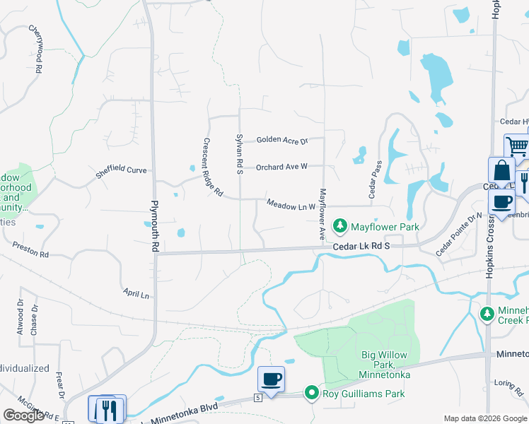 map of restaurants, bars, coffee shops, grocery stores, and more near 2817 Westridge Road in Minnetonka