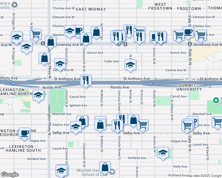 map of restaurants, bars, coffee shops, grocery stores, and more near 888 Concordia Avenue in Saint Paul