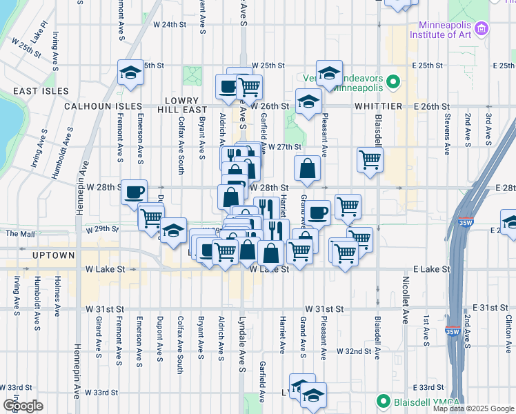 map of restaurants, bars, coffee shops, grocery stores, and more near 2833 Garfield Avenue in Minneapolis