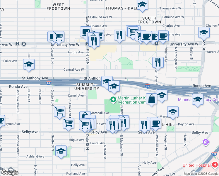 map of restaurants, bars, coffee shops, grocery stores, and more near 560 Concordia Avenue in Saint Paul
