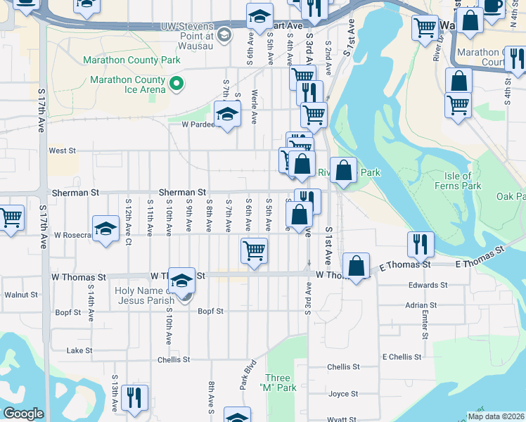 map of restaurants, bars, coffee shops, grocery stores, and more near 933 South 5th Avenue in Wausau