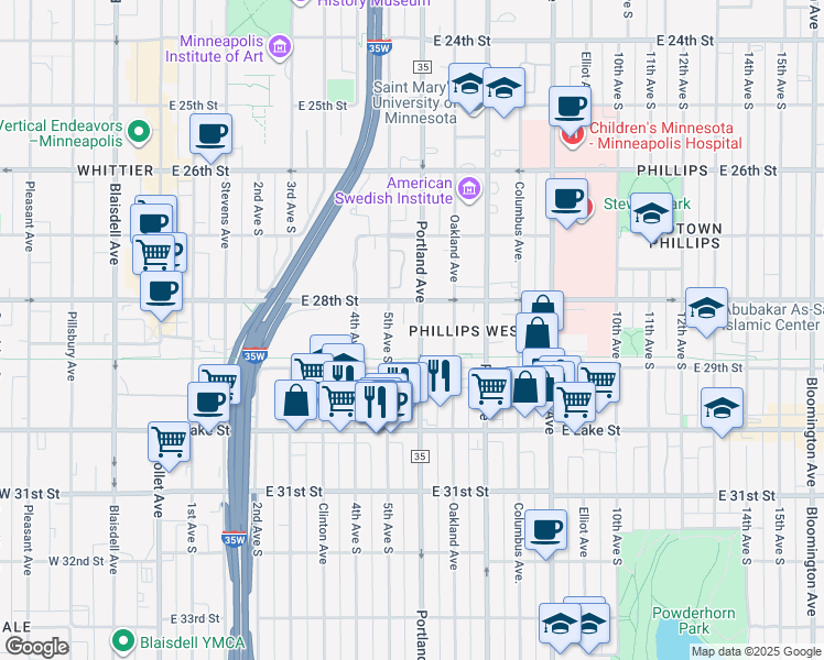 map of restaurants, bars, coffee shops, grocery stores, and more near 2841 South 5th Avenue in Minneapolis