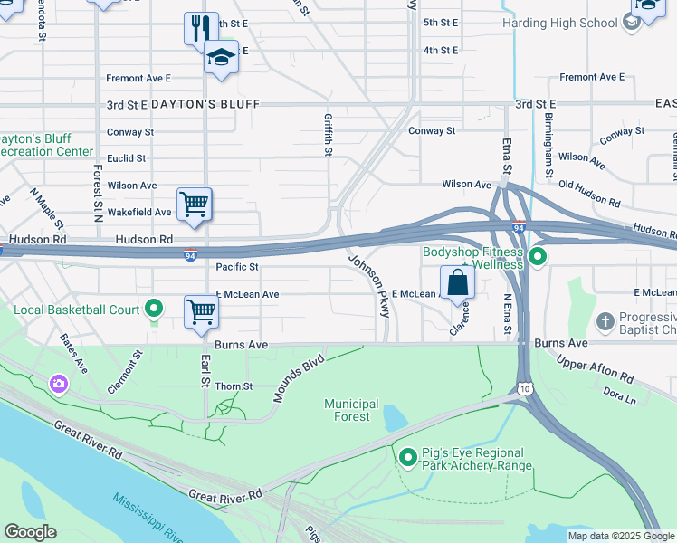 map of restaurants, bars, coffee shops, grocery stores, and more near 1214 Pacific Street in Saint Paul