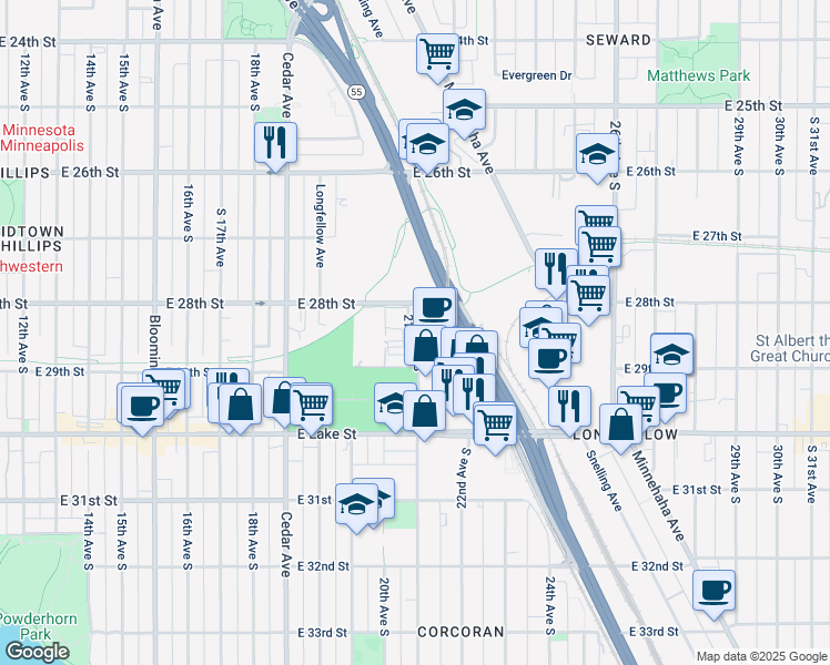 map of restaurants, bars, coffee shops, grocery stores, and more near 2801 21st Avenue South in Minneapolis