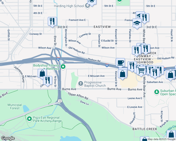 map of restaurants, bars, coffee shops, grocery stores, and more near 1538 Pacific Street in Saint Paul