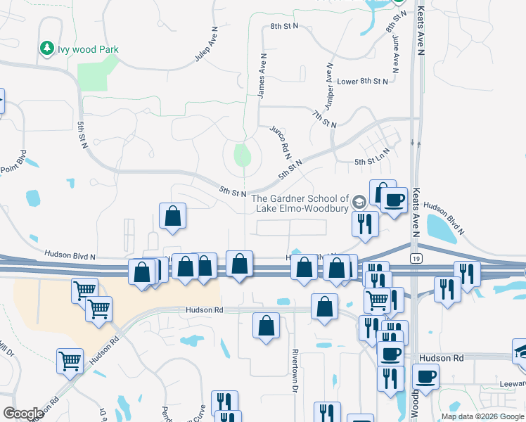 map of restaurants, bars, coffee shops, grocery stores, and more near 505 6th Street Lane North in Lake Elmo