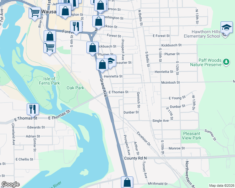 map of restaurants, bars, coffee shops, grocery stores, and more near 707 East Thomas Street in Wausau