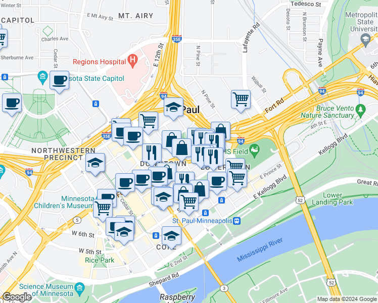 map of restaurants, bars, coffee shops, grocery stores, and more near 445 Wacouta Street in Saint Paul