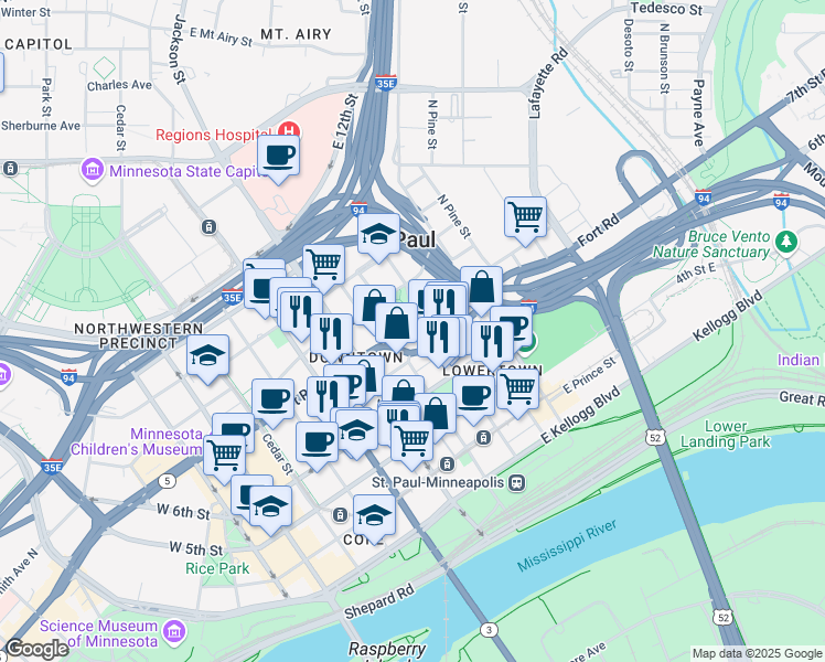 map of restaurants, bars, coffee shops, grocery stores, and more near 445 North Wacouta Street in Saint Paul