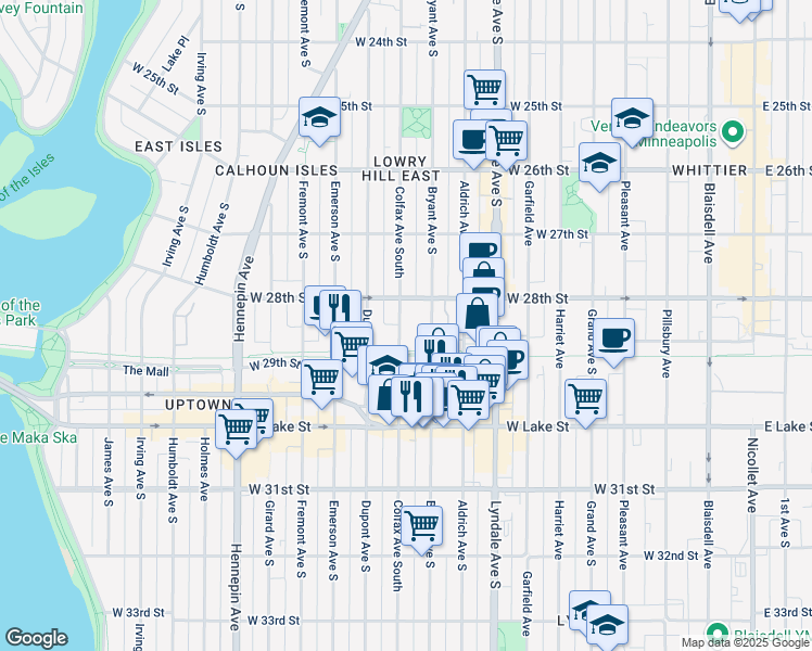 map of restaurants, bars, coffee shops, grocery stores, and more near 2821 Colfax Avenue South in Minneapolis