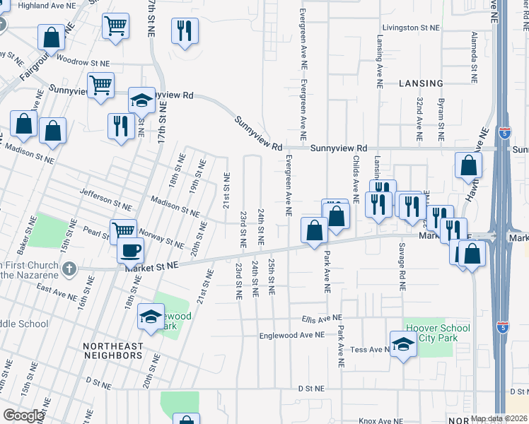 map of restaurants, bars, coffee shops, grocery stores, and more near 1780 24th Street Northeast in Salem