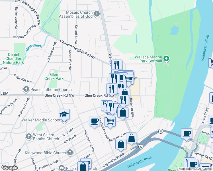 map of restaurants, bars, coffee shops, grocery stores, and more near 673 Glen Creek Road Northwest in Salem