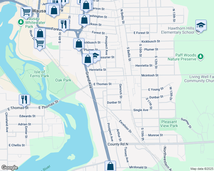 map of restaurants, bars, coffee shops, grocery stores, and more near 720 Prospect Avenue in Wausau