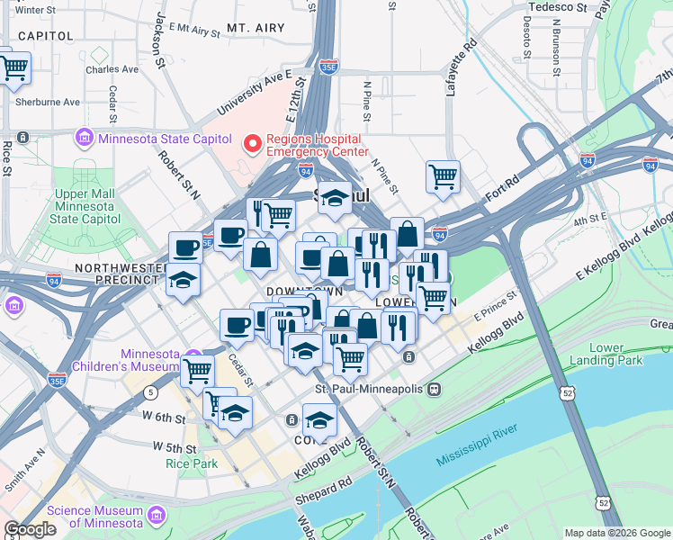 map of restaurants, bars, coffee shops, grocery stores, and more near in Saint Paul