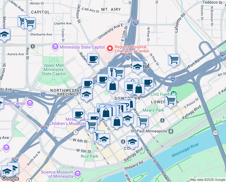 map of restaurants, bars, coffee shops, grocery stores, and more near 109 9th Street East in Saint Paul