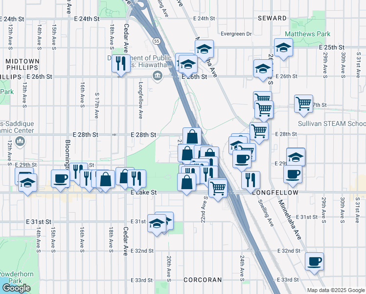 map of restaurants, bars, coffee shops, grocery stores, and more near 2847 20th Avenue South in Minneapolis