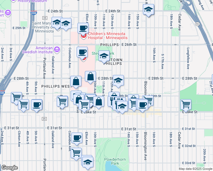 map of restaurants, bars, coffee shops, grocery stores, and more near 2846 12th Avenue South in Minneapolis
