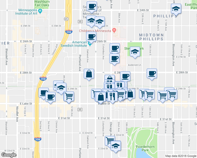 map of restaurants, bars, coffee shops, grocery stores, and more near 2841 Park Avenue in Minneapolis