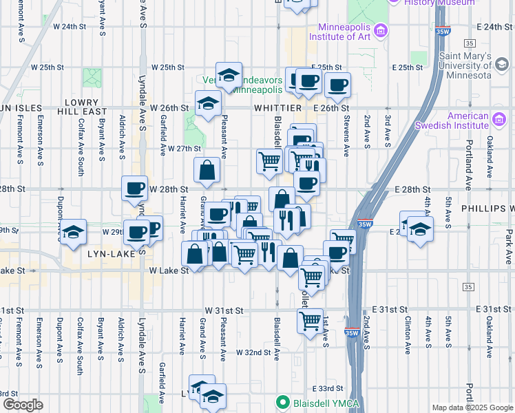 map of restaurants, bars, coffee shops, grocery stores, and more near 115 West 29th Street in Minneapolis