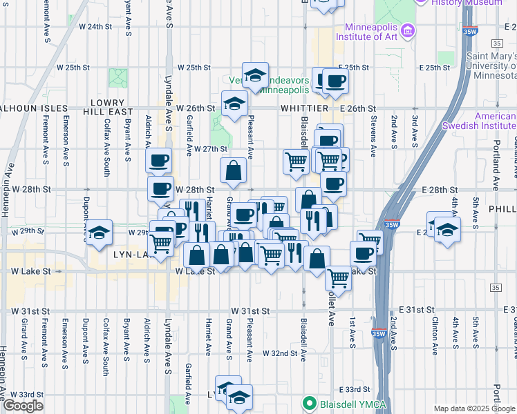 map of restaurants, bars, coffee shops, grocery stores, and more near 211 West 29th Street in Minneapolis