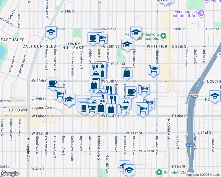 map of restaurants, bars, coffee shops, grocery stores, and more near 2833 Garfield Avenue in Minneapolis