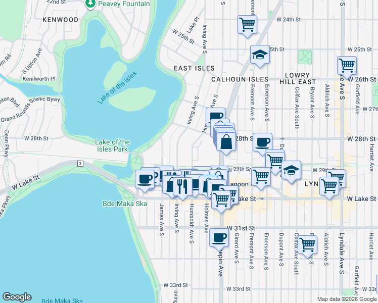 map of restaurants, bars, coffee shops, grocery stores, and more near 2863 Irving Avenue South in Minneapolis