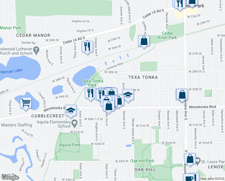 map of restaurants, bars, coffee shops, grocery stores, and more near 2926 Texas Avenue South in St. Louis Park