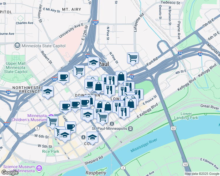map of restaurants, bars, coffee shops, grocery stores, and more near 413 North Wacouta Street in Saint Paul