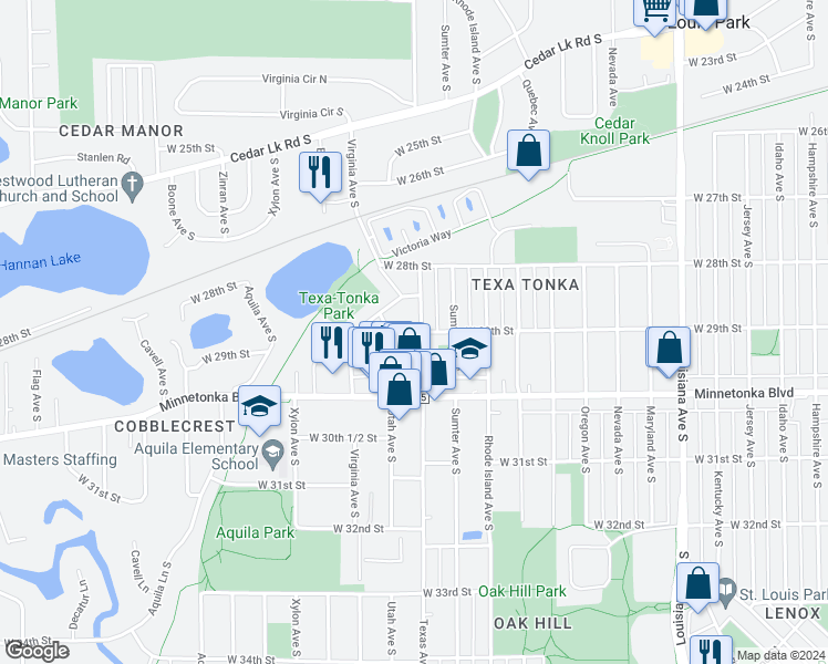 map of restaurants, bars, coffee shops, grocery stores, and more near 2900 Texas Avenue South in St. Louis Park