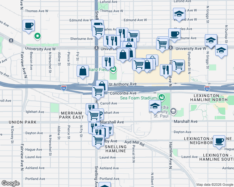 map of restaurants, bars, coffee shops, grocery stores, and more near 1495 Carroll Avenue in Saint Paul