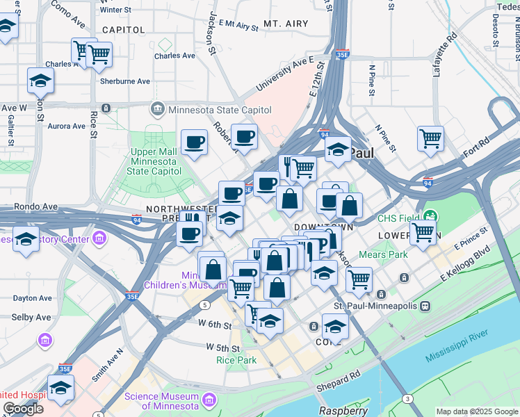 map of restaurants, bars, coffee shops, grocery stores, and more near 100 East 11th Street in Saint Paul