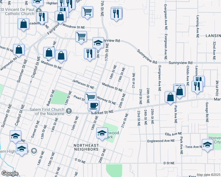 map of restaurants, bars, coffee shops, grocery stores, and more near 1845 18th Street Northeast in Salem