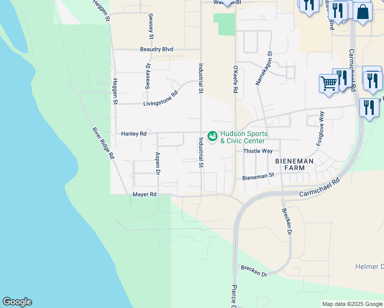 map of restaurants, bars, coffee shops, grocery stores, and more near 1701 Industrial Street in Hudson