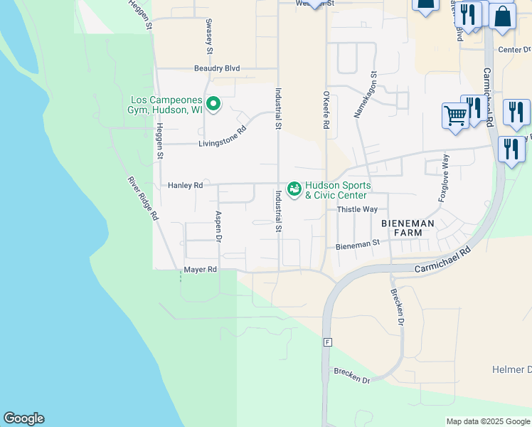 map of restaurants, bars, coffee shops, grocery stores, and more near 1701 Industrial Street in Hudson