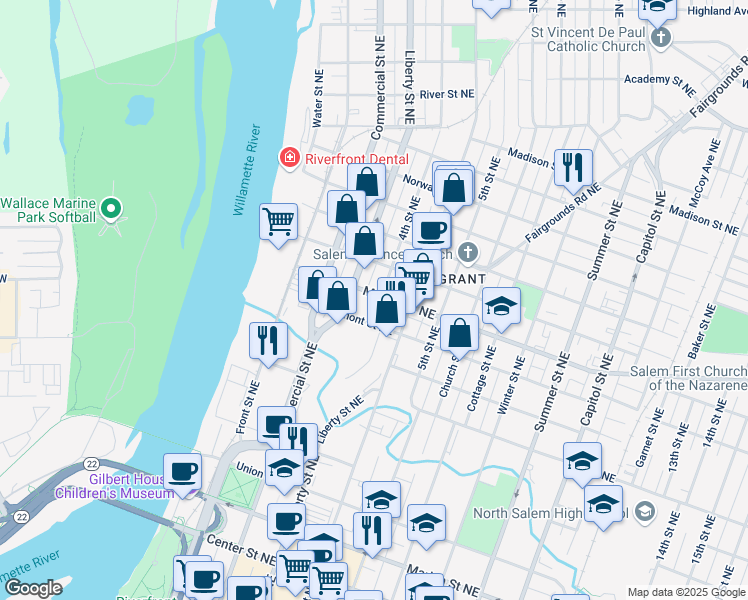 map of restaurants, bars, coffee shops, grocery stores, and more near 392 Market Street Northeast in Salem