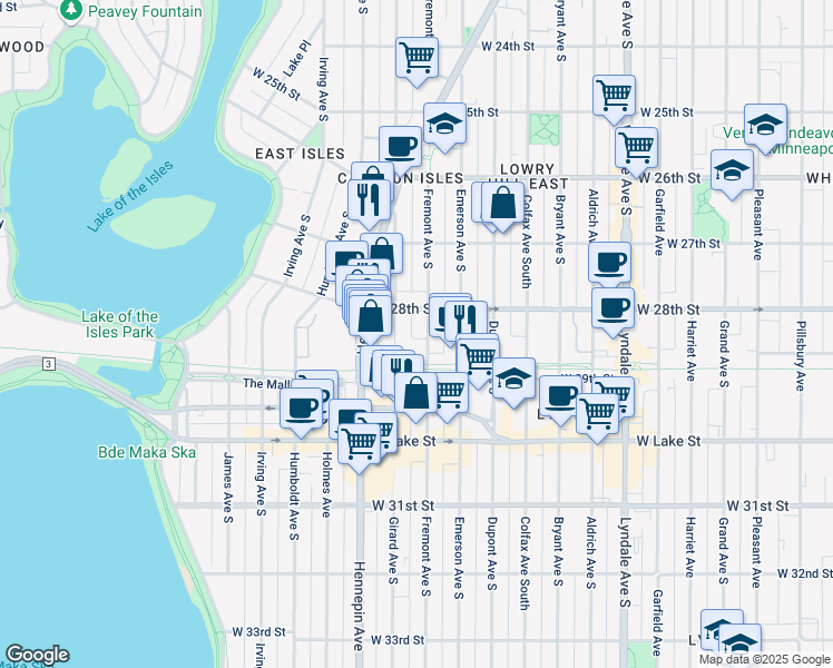 map of restaurants, bars, coffee shops, grocery stores, and more near 2838 Fremont Avenue South in Minneapolis