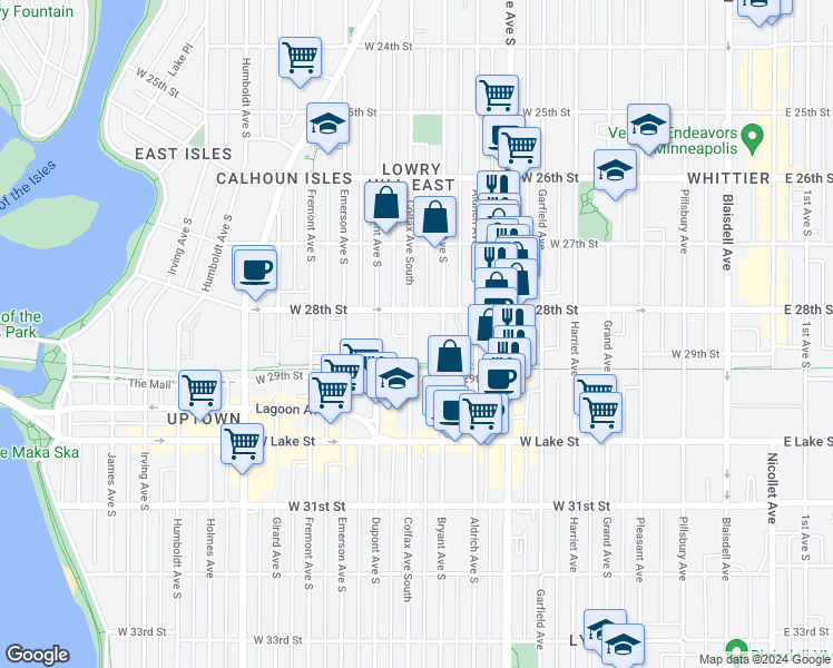 map of restaurants, bars, coffee shops, grocery stores, and more near 2817 Colfax Avenue South in Minneapolis