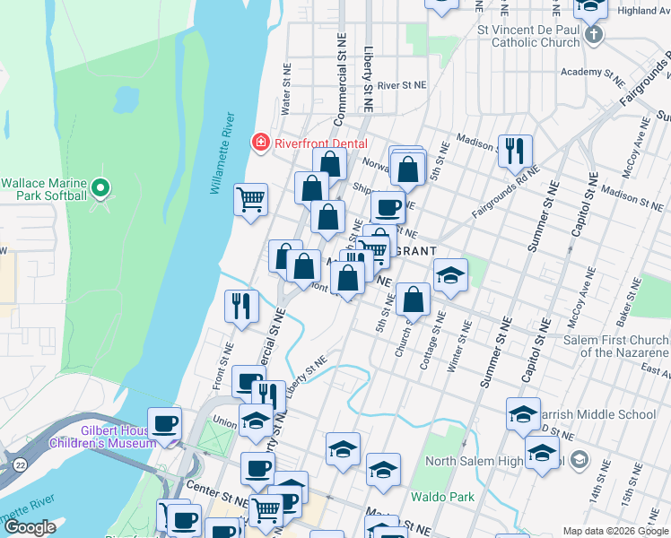 map of restaurants, bars, coffee shops, grocery stores, and more near 1274 Liberty Street Northeast in Salem