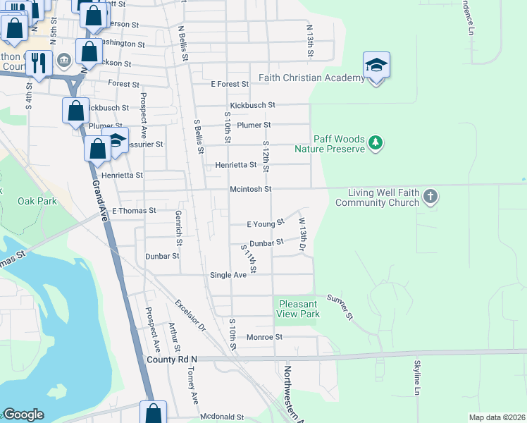 map of restaurants, bars, coffee shops, grocery stores, and more near 1107 Mcintosh Street in Wausau