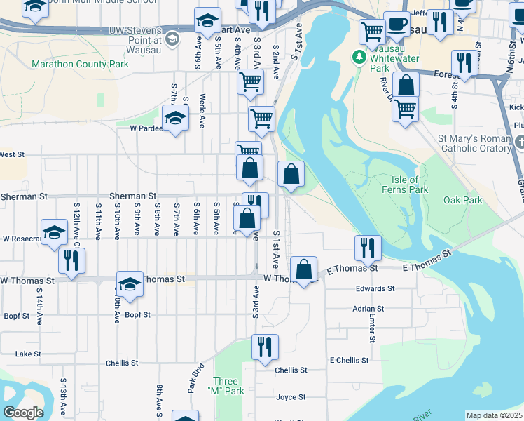 map of restaurants, bars, coffee shops, grocery stores, and more near 902 South 1st Avenue in Wausau