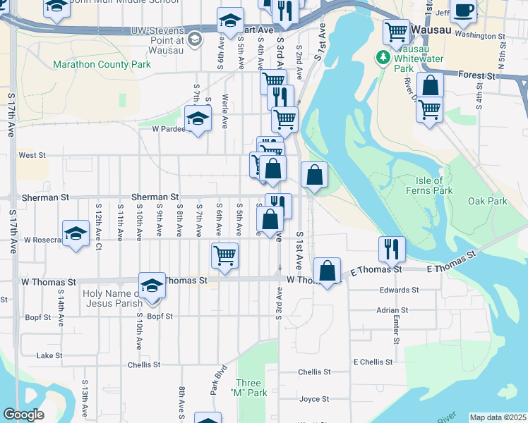 map of restaurants, bars, coffee shops, grocery stores, and more near 306 Sherman Street in Wausau