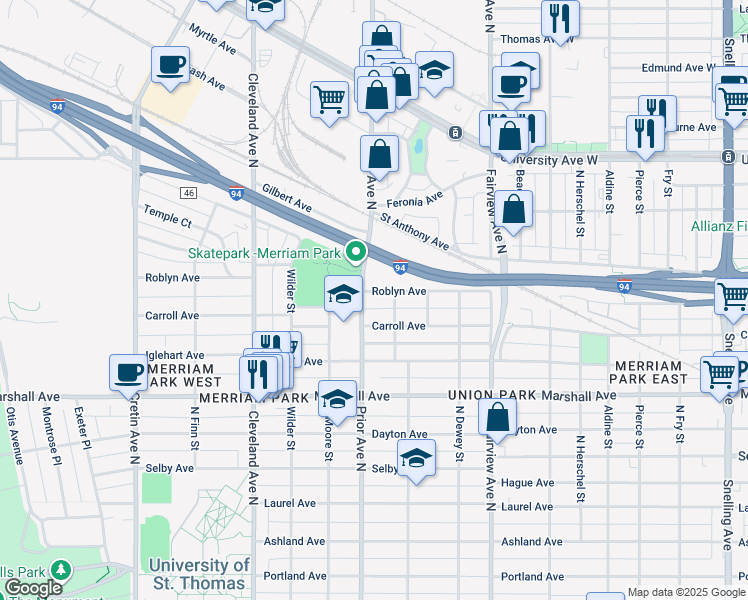 map of restaurants, bars, coffee shops, grocery stores, and more near 1921 Roblyn Avenue in Saint Paul