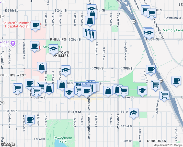 map of restaurants, bars, coffee shops, grocery stores, and more near in Minneapolis