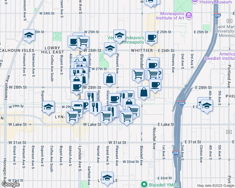 map of restaurants, bars, coffee shops, grocery stores, and more near 2745 Grand Avenue South in Minneapolis