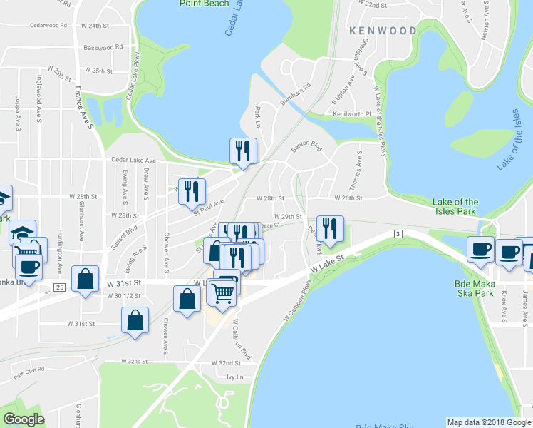 map of restaurants, bars, coffee shops, grocery stores, and more near 3112 West 28th Street in Minneapolis