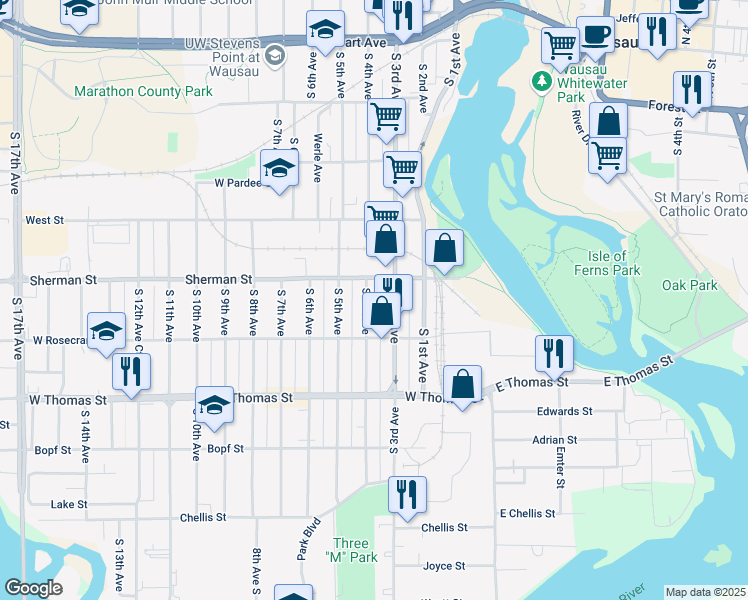 map of restaurants, bars, coffee shops, grocery stores, and more near 306 Sherman Street in Wausau