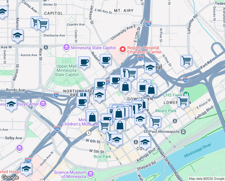 map of restaurants, bars, coffee shops, grocery stores, and more near 101 10th Street East in Saint Paul