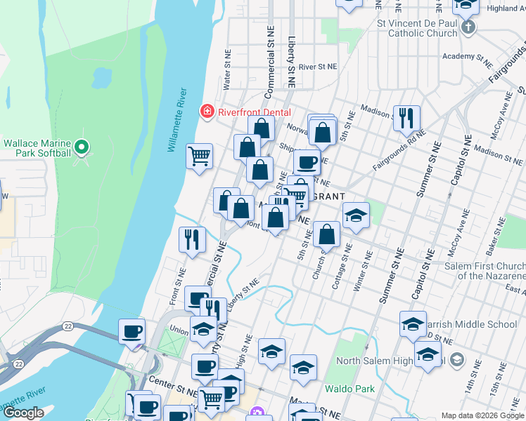 map of restaurants, bars, coffee shops, grocery stores, and more near 384 Market Street Northeast in Salem
